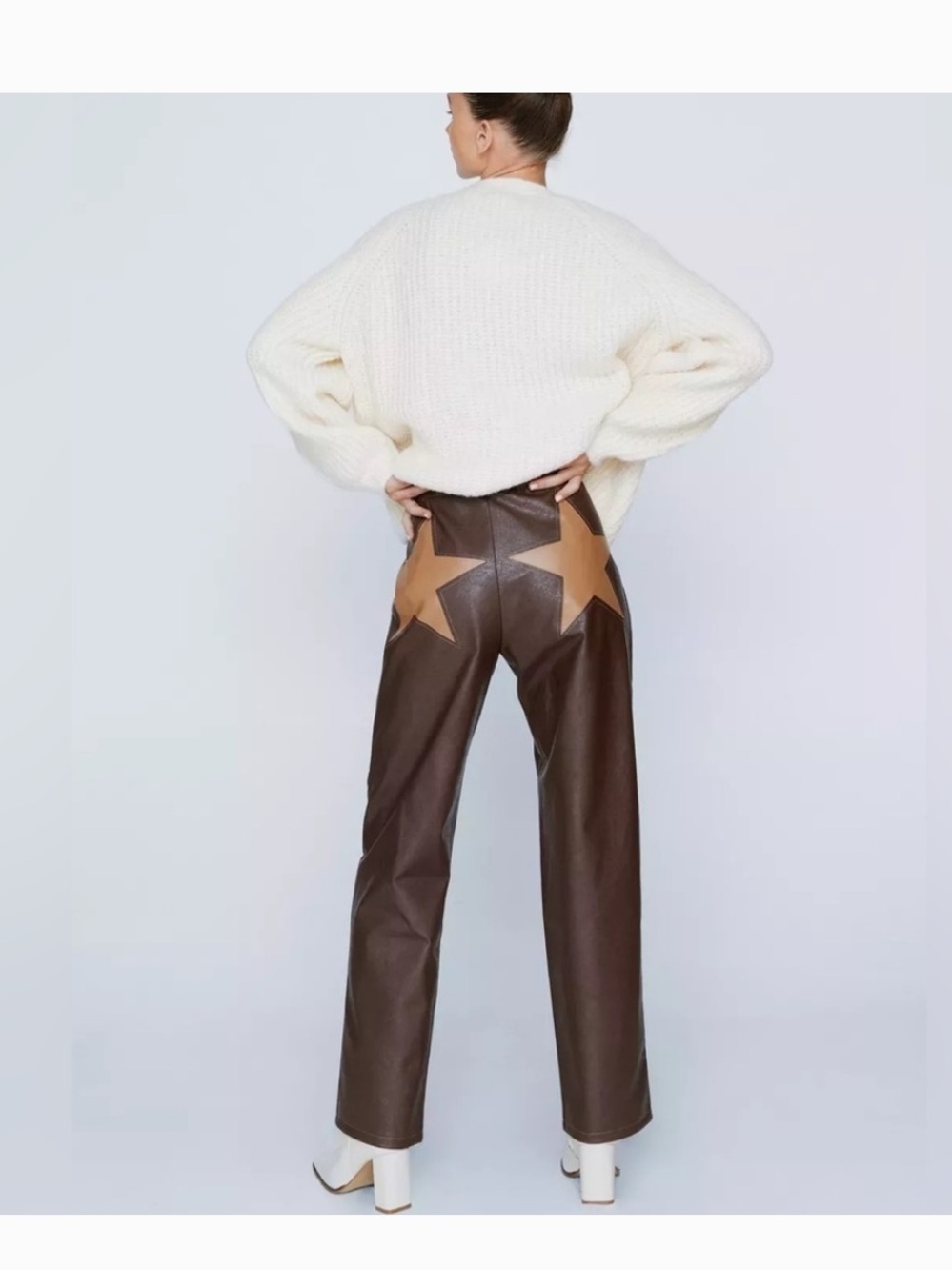Nasty Gal Brown Star Faux Leather Straight Leg Pants Western Size 10 NWT - Picture 1 of 5
